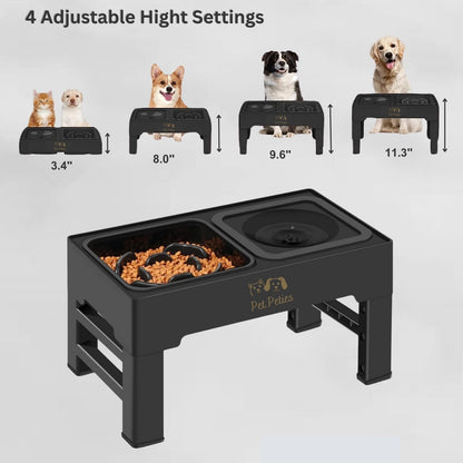 Petpeties Elevated Slow Feeding & Eating Dog Cat 4 Height Adjustable Bowls Stand